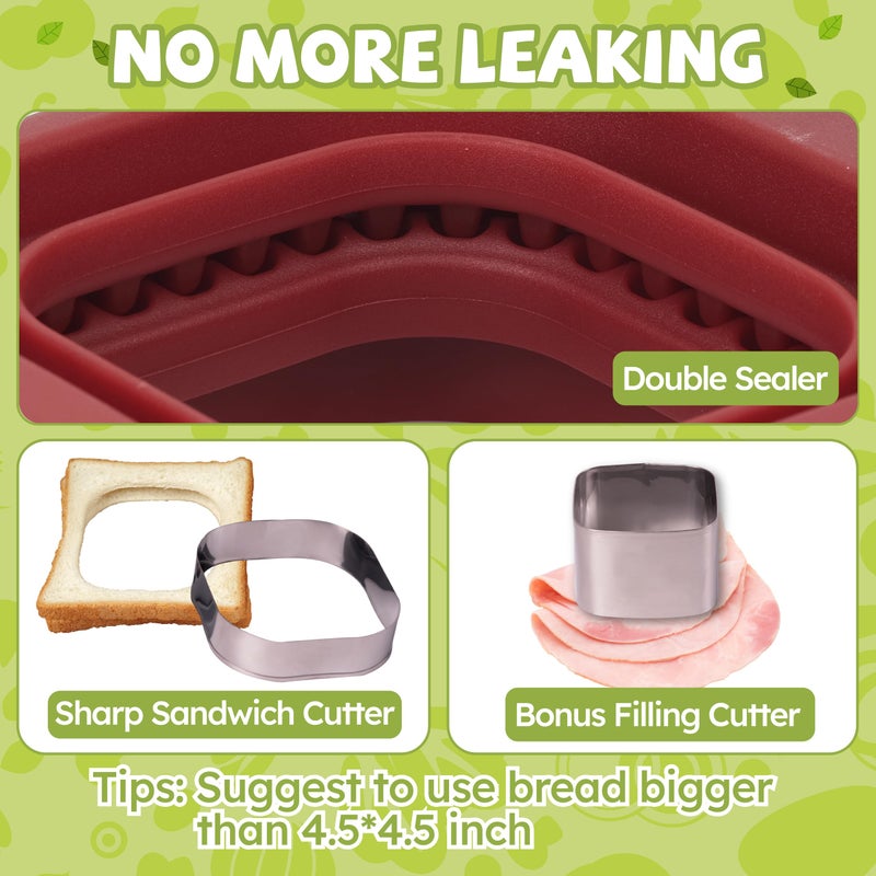 LEPCY Uncrustables Sandwich Maker Sealer Cutter  Crustless Sandwich Cutter  PB&J Uncrustable Maker - Color Dark Red  Square Shape - Image 5